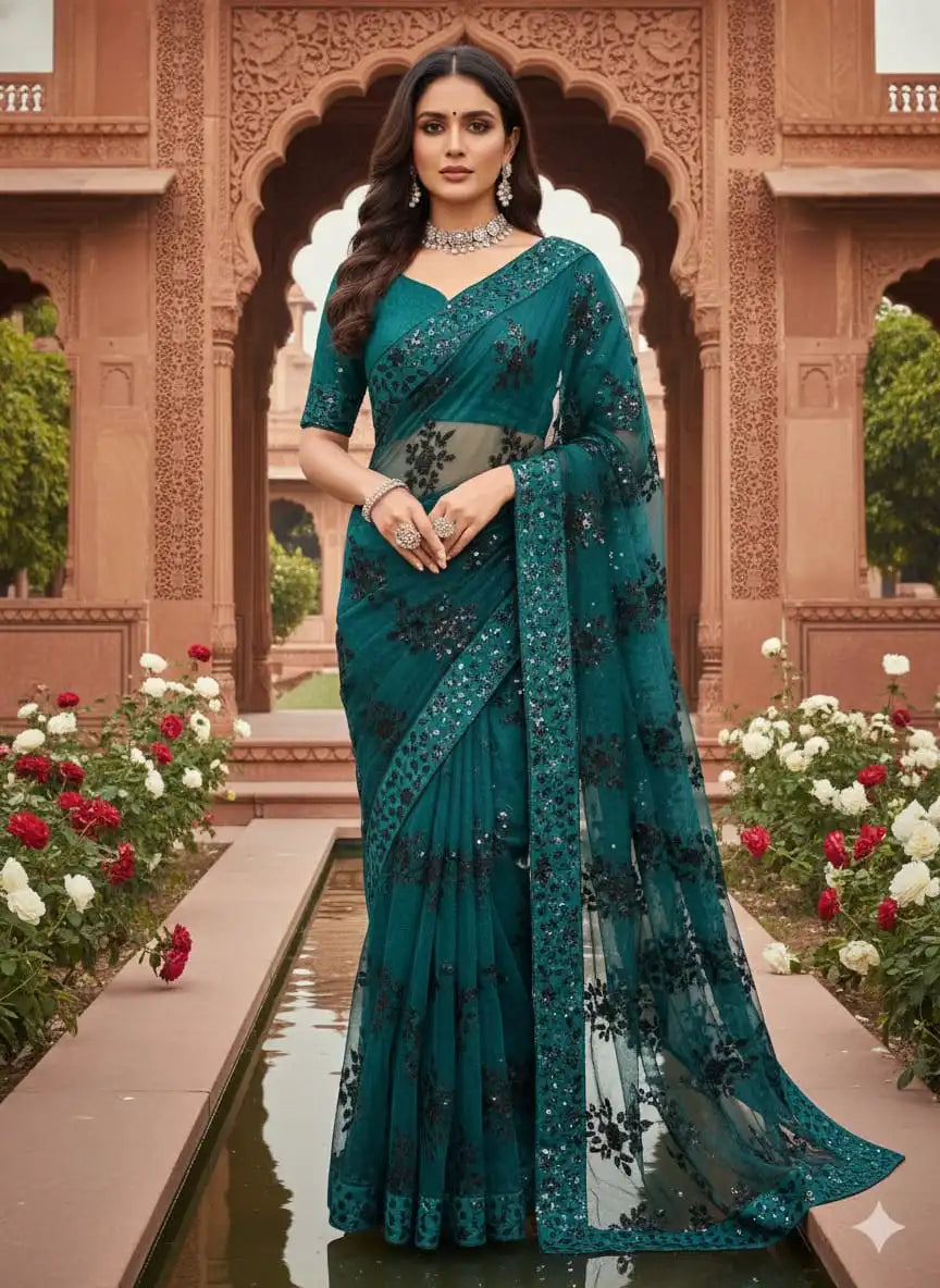 Pakistani Net Saree – Heavy Embroidered Soft Net Sequence Work Saree